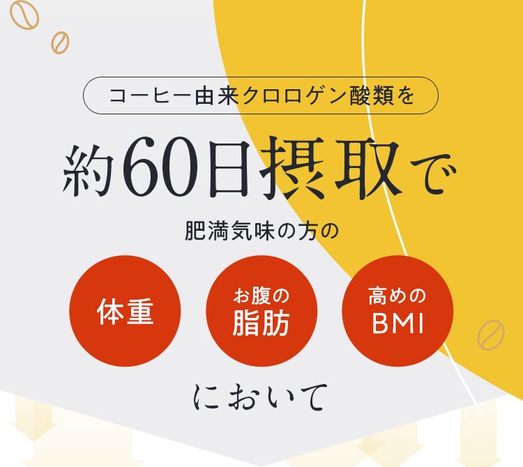 コーヒー由来クロロゲン酸類を60日摂取で体重 お腹の脂肪 BMIにおいて 
			  